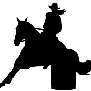 Left facing Woman Barrel Racer silhouette in black. Also available facing right and red or white in color.