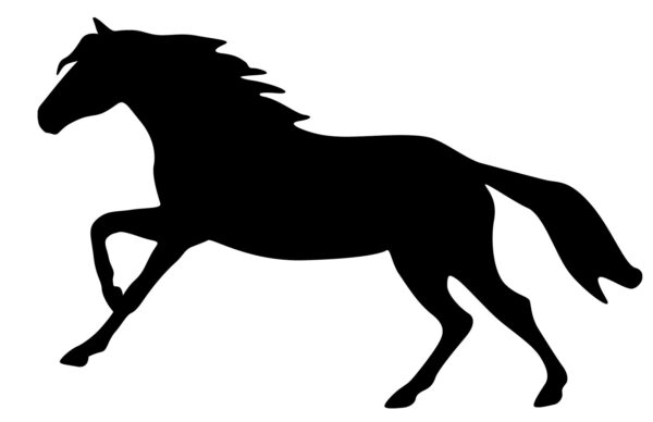 Black silhouette of a Galloping Horse Reflective Decal facing left. Also available facing right and in Red and while colors.