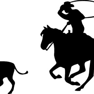 Black silhouette of a Calf Roper Horseman and calf facing left. Also available in right facing, red or white in color.