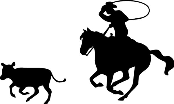 Black silhouette of a Calf Roper Horseman and calf facing left. Also available in right facing, red or white in color.