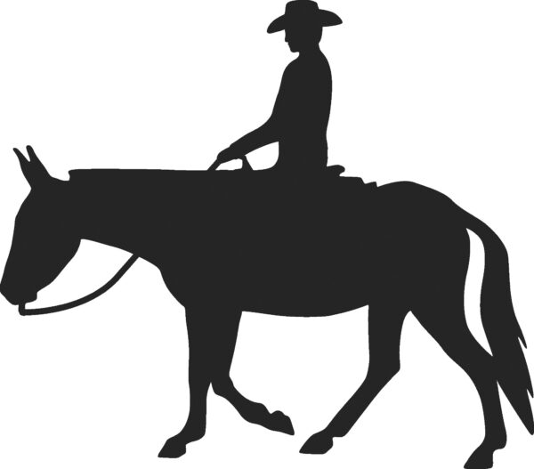 Man riding a mule reflective black silhouette decal facing left. Also available facing right and in Red or white color.