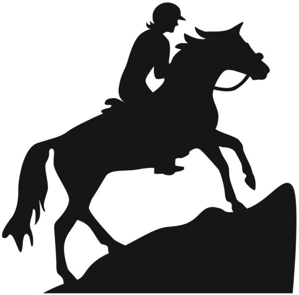Black silhouette of an endurance rider climbing a mountain, right facing reflective decal. Also available left facing and in red or white color.