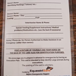 An Emergency Notification Horse Stall Card is a clearly visible, easy-to-read information card placed on or near a horse’s stall.