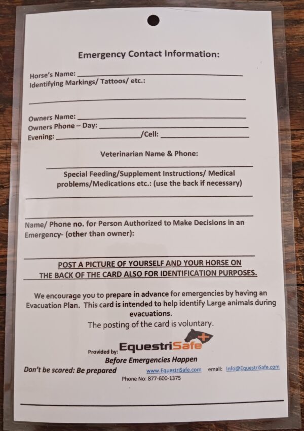 An Emergency Notification Horse Stall Card is a clearly visible, easy-to-read information card placed on or near a horse’s stall.